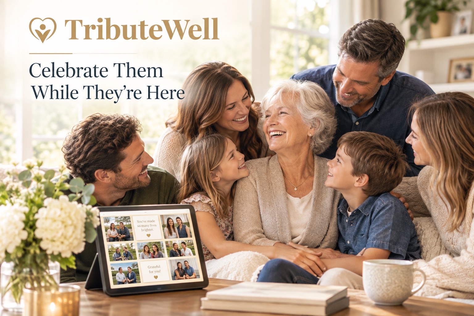 Family gathered around an older loved one, sharing a living tribute of photos and messages while she is still alive