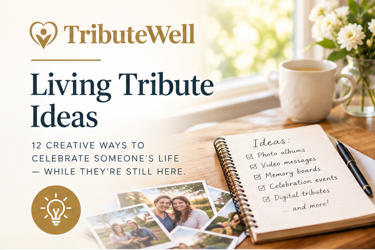 Family sharing photos and messages as a living tribute for an older loved one who is still alive