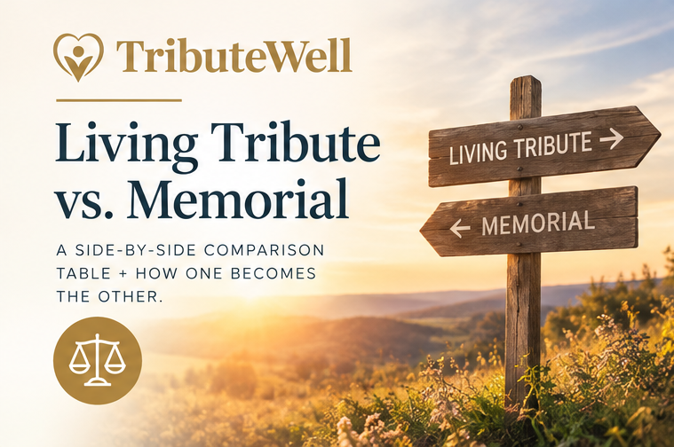 A living tribute page for someone still alive alongside a memorial page, illustrating the difference